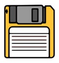 Front view of a yellow floppy disk drawing with label Royalty Free Stock Photo
